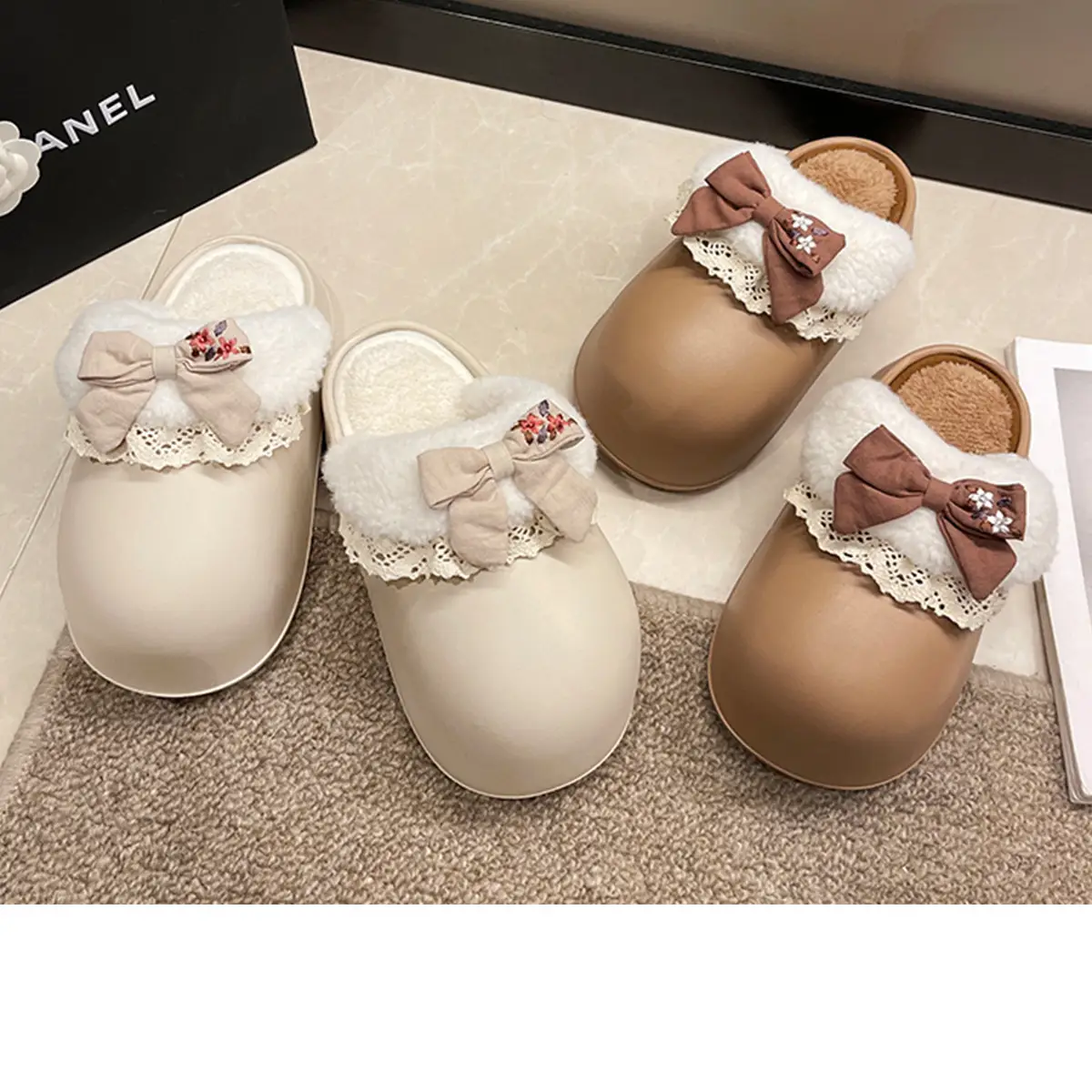 Women's Bow Plush Cotton Slippers Winter Warm Heart Stomp — feature 21