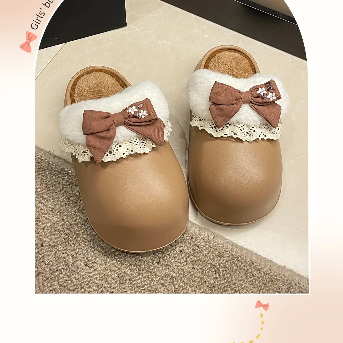 Women's Bow Plush Cotton Slippers Winter Warm Heart Stomp — feature 4