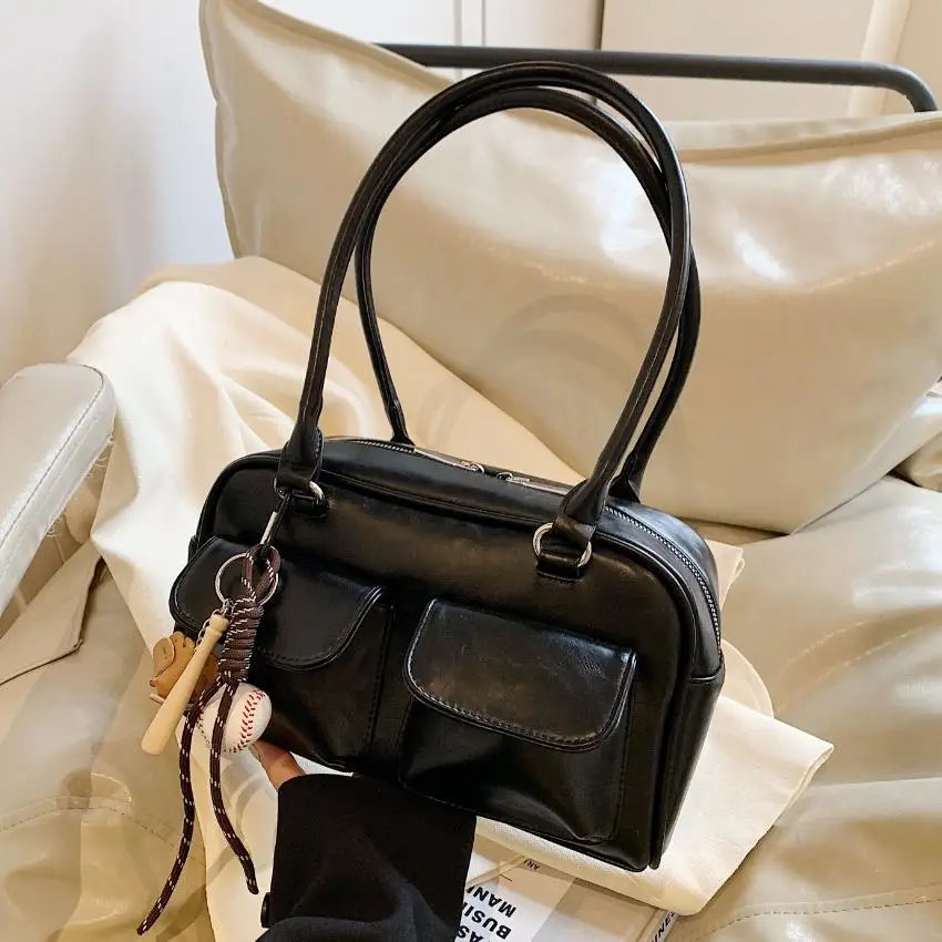 Brown Retro Women's Shoulder Bag with Keychain