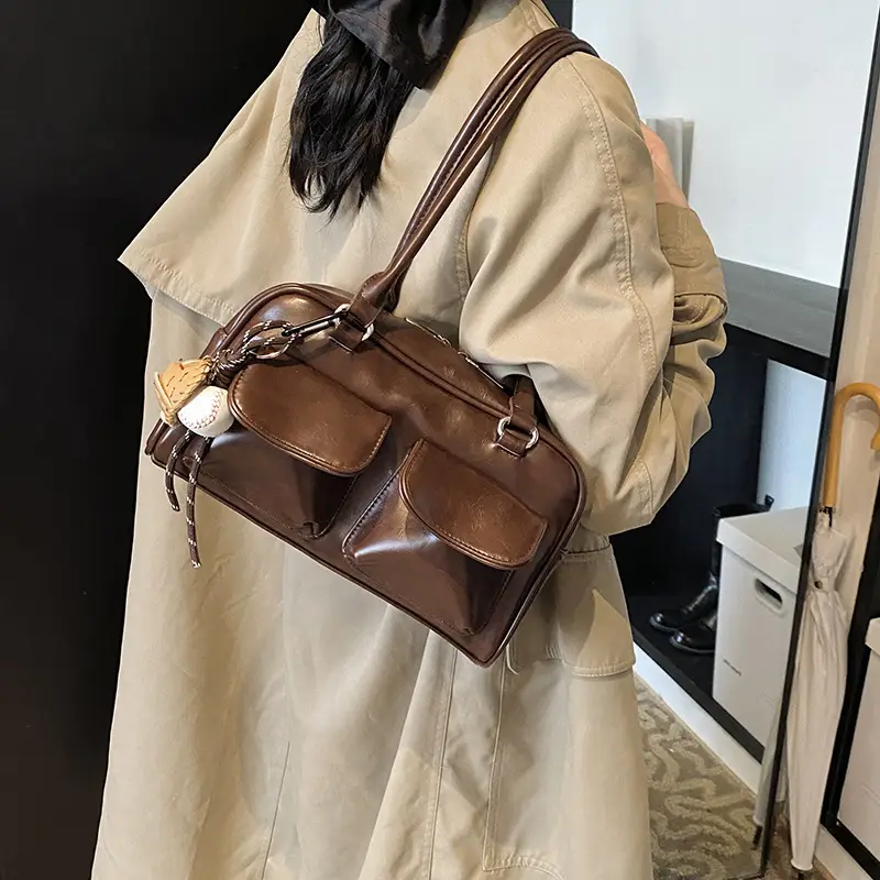 Brown Retro Women's Shoulder Bag with Keychain