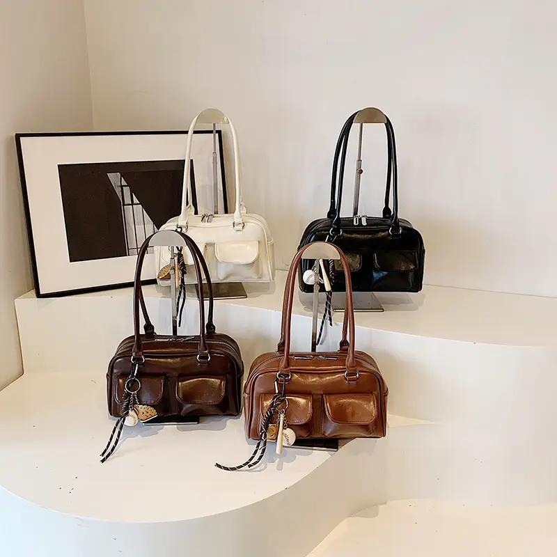 Brown Retro Women's Shoulder Bag with Keychain
