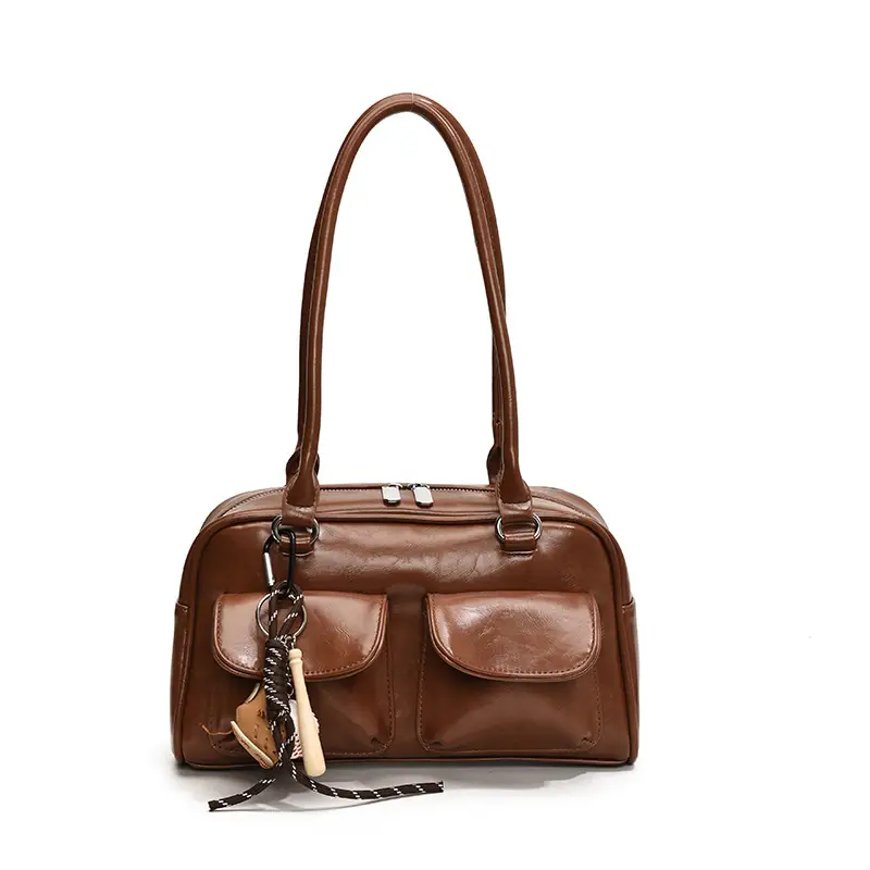 Brown Retro Women's Shoulder Bag with Keychain
