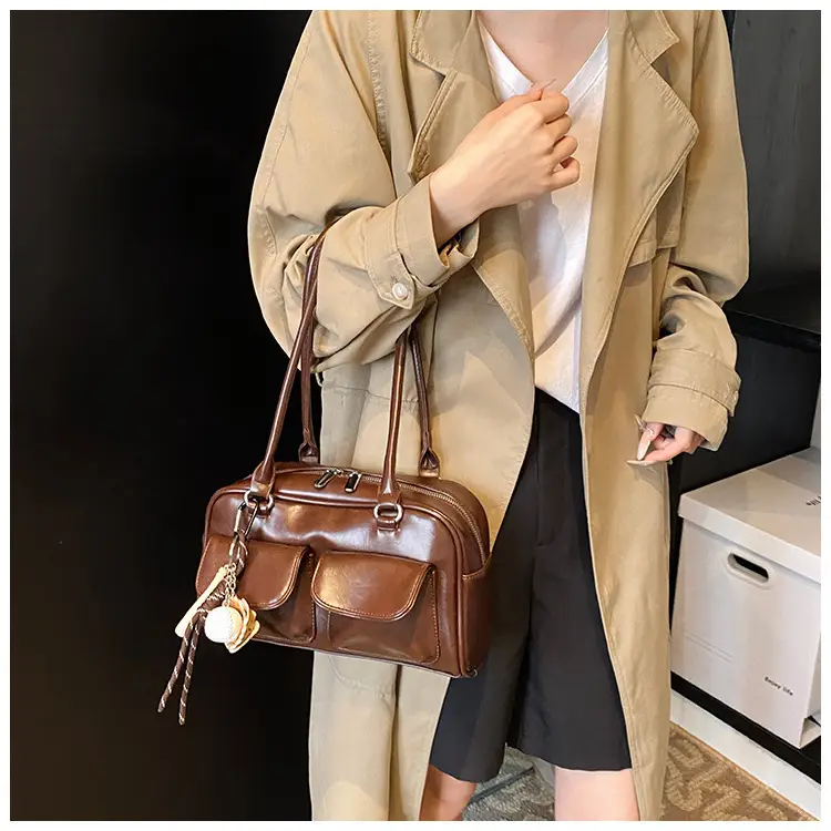 Brown Retro Women's Shoulder Bag with Keychain — feature 12
