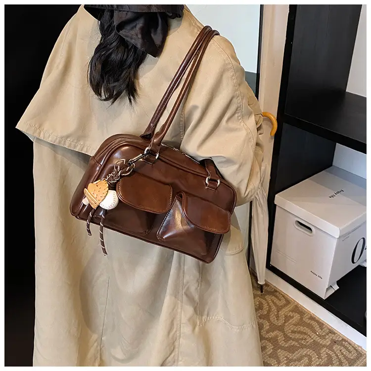 Brown Retro Women's Shoulder Bag with Keychain — feature 13
