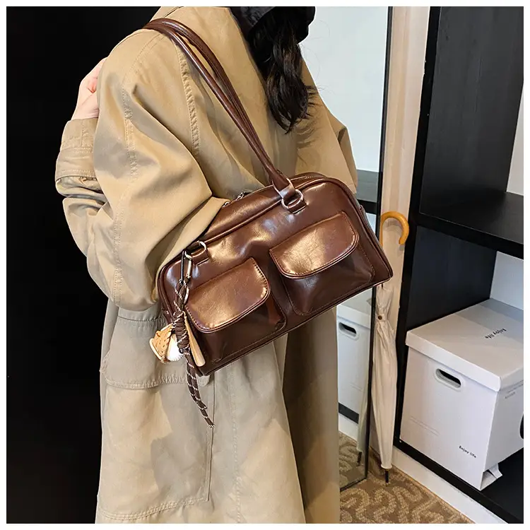 Brown Retro Women's Shoulder Bag with Keychain — feature 14