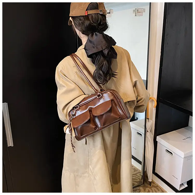 Brown Retro Women's Shoulder Bag with Keychain — feature 15
