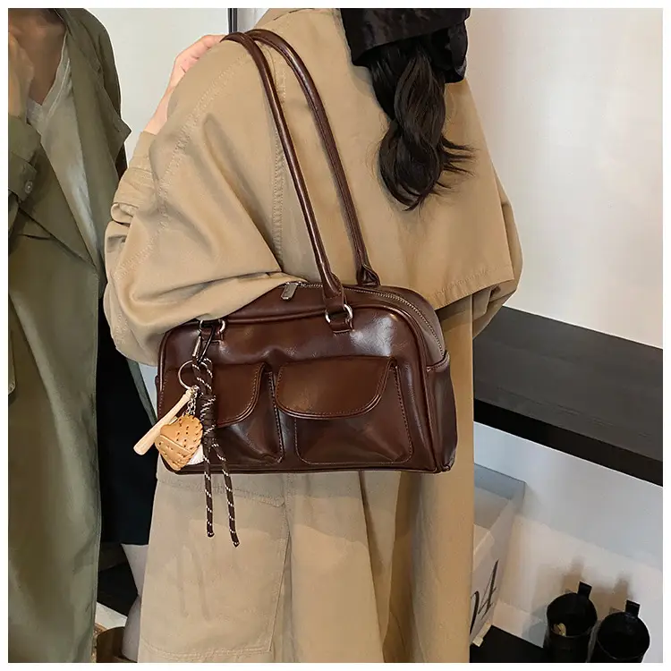 Brown Retro Women's Shoulder Bag with Keychain — feature 16