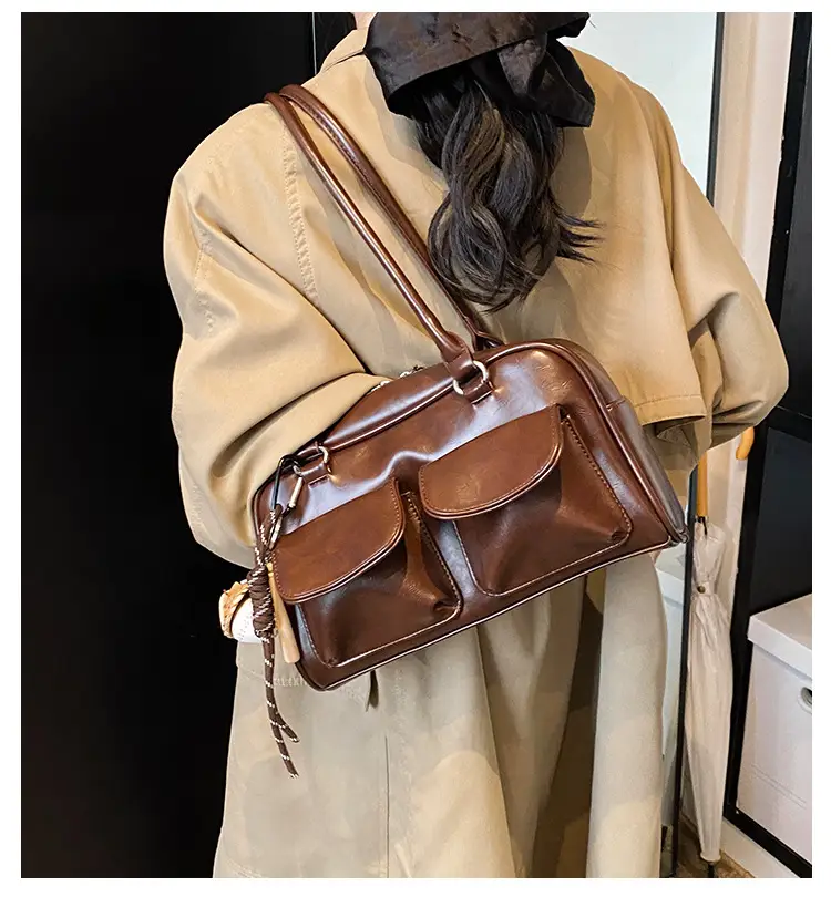 Brown Retro Women's Shoulder Bag with Keychain — feature 2