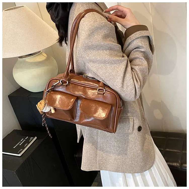 Brown Retro Women's Shoulder Bag with Keychain — feature 29