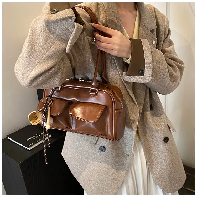 Brown Retro Women's Shoulder Bag with Keychain — feature 30