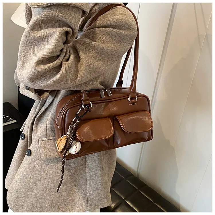 Brown Retro Women's Shoulder Bag with Keychain — feature 31