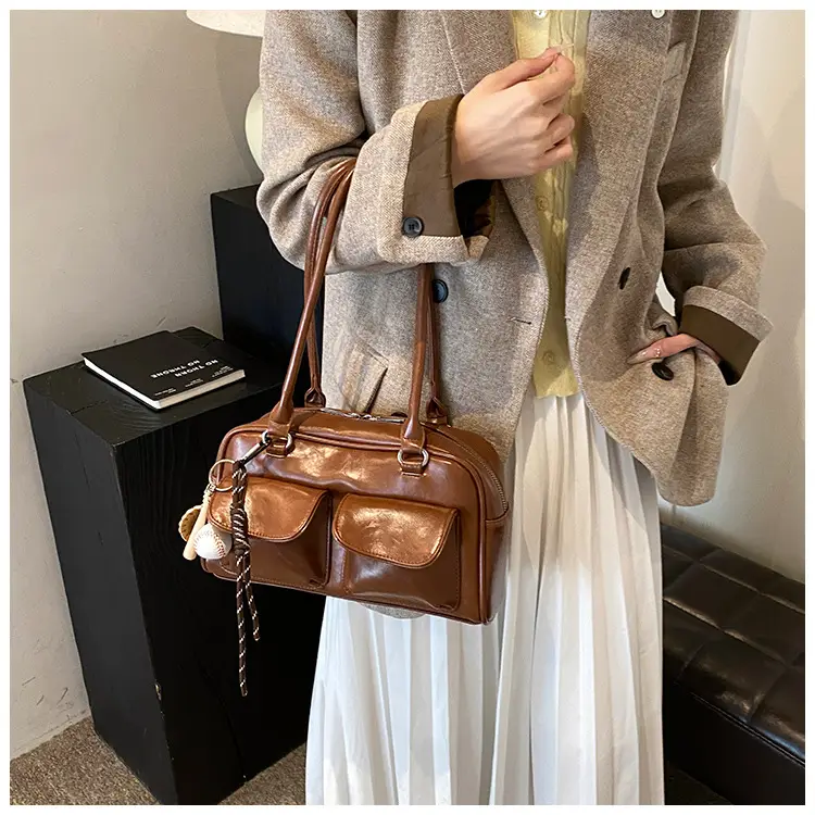 Brown Retro Women's Shoulder Bag with Keychain — feature 32