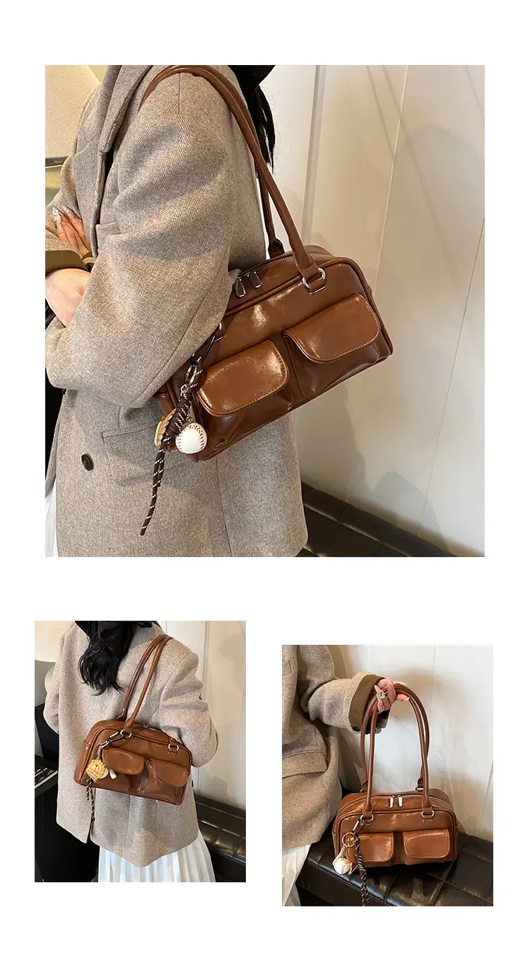 Brown Retro Women's Shoulder Bag with Keychain — feature 5