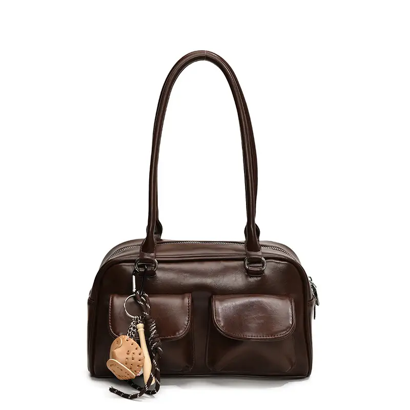 Brown Retro Women's Shoulder Bag with Keychain