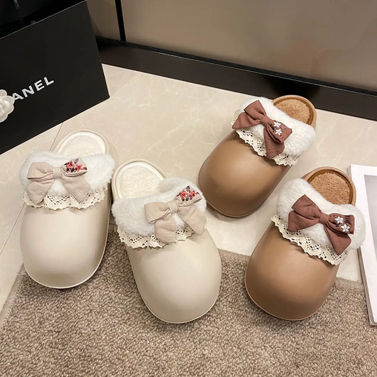 Women's Bow Plush Cotton Slippers Winter Warm Heart Stomp