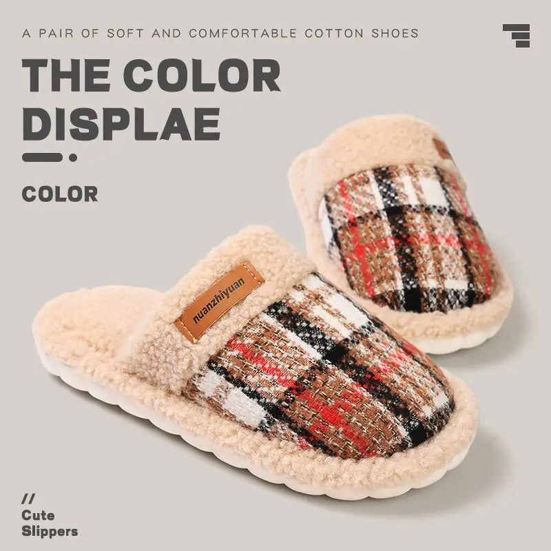 Nanbo Wan Plaid Cotton Slippers Women's Autumn and Winter Indoor Floor Lightweight Plush Warm Baotou Couple's Cotton Slippers for Men - Image 4