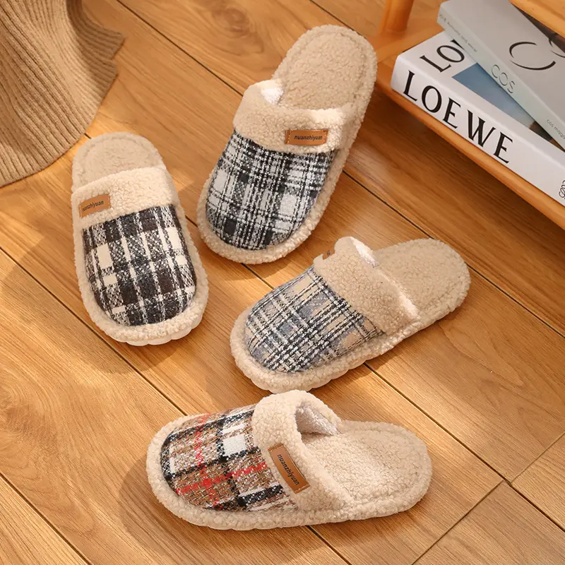 Nanbo Wan Plaid Cotton Slippers Women's Autumn and Winter Indoor Floor Lightweight Plush Warm Baotou Couple's Cotton Slippers for Men - Image 5