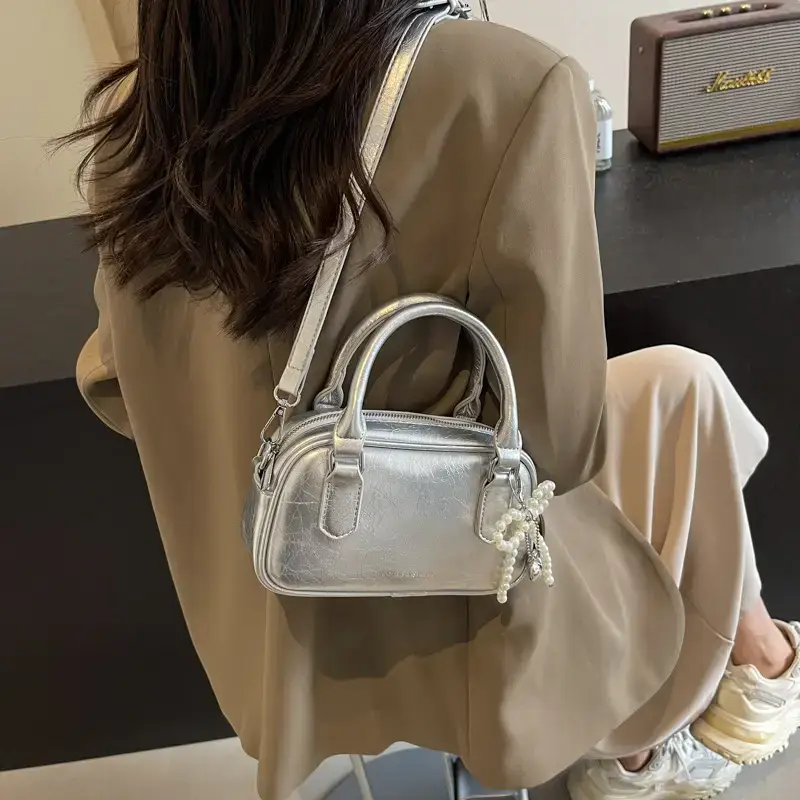 Women's Black Pleated Square Handbag with Pearl Decor - Image 6