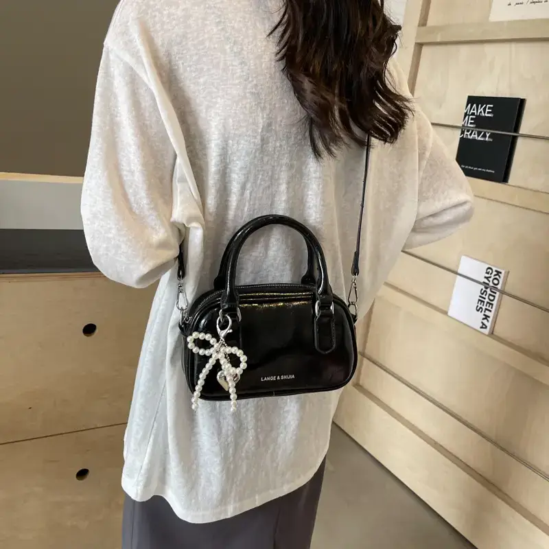 Women's Black Pleated Square Handbag with Pearl Decor - Image 7