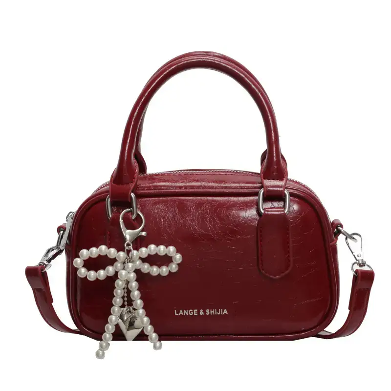 Women's Black Pleated Square Handbag with Pearl Decor - Image 9