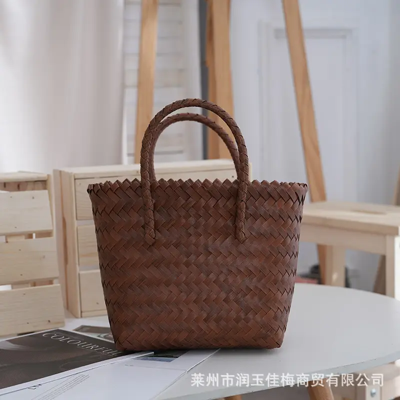 Brown Woven Plastic Shoulder Bag for Travel - Image 4