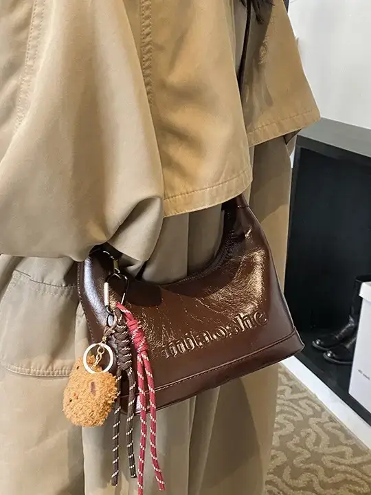 Women's Brown Croc Leather Shoulder Crossbody Bag with Keys - Image 6