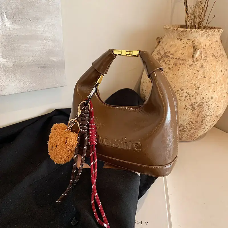 Women's Brown Croc Leather Shoulder Crossbody Bag with Keys - Image 2