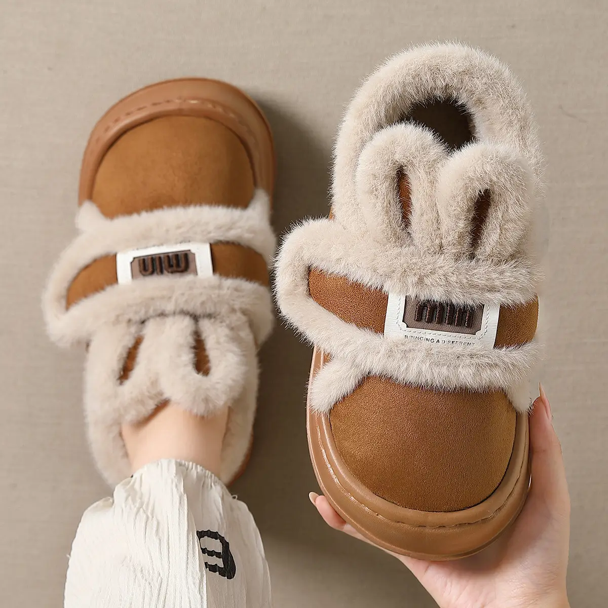 Women Winter Fleece Lined Slippers Cream - Image 5