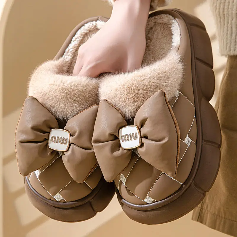 Winter Bow Thick-Soled Cotton Slippers for Women That Can Be Worn Outside to Heattech and Increase Non-Slip in Stock Wholesale Cross-Border Thickened and Warm