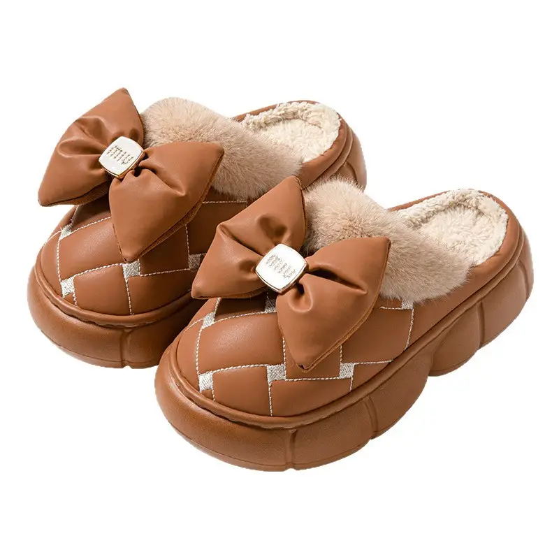 Winter Bow Thick-Soled Cotton Slippers for Women That Can Be Worn Outside to Heattech and Increase Non-Slip in Stock Wholesale Cross-Border Thickened and Warm