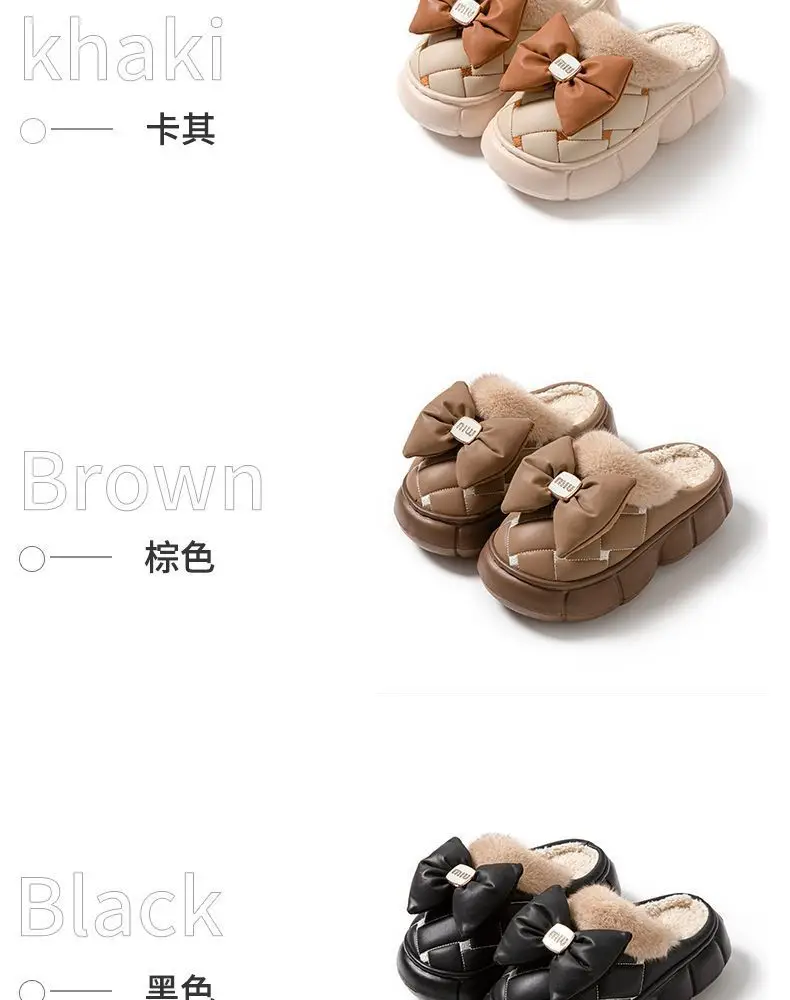 Winter Bow Thick-Soled Cotton Slippers for Women That Can Be Worn Outside to Heattech and Increase Non-Slip in Stock Wholesale Cross-Border Thickened and Warm — feature 15