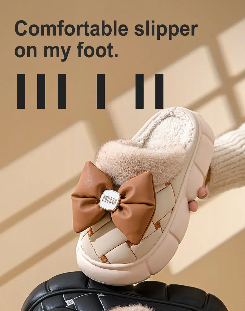 Winter Bow Thick-Soled Cotton Slippers for Women That Can Be Worn Outside to Heattech and Increase Non-Slip in Stock Wholesale Cross-Border Thickened and Warm — feature 2