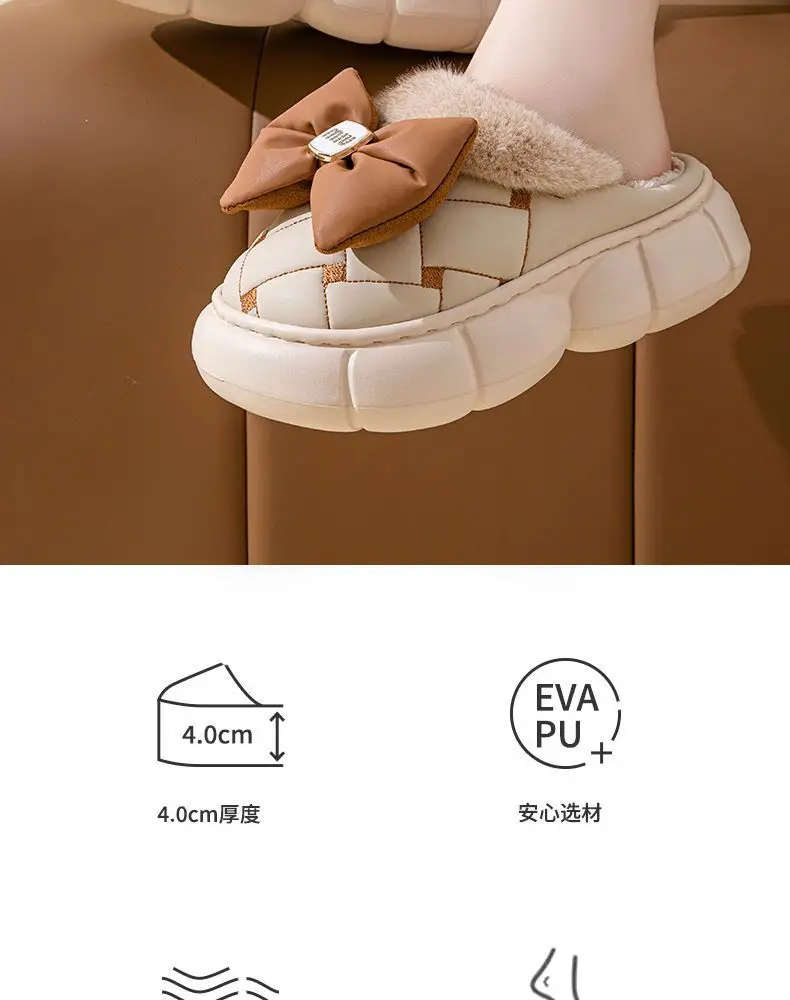 Winter Bow Thick-Soled Cotton Slippers for Women That Can Be Worn Outside to Heattech and Increase Non-Slip in Stock Wholesale Cross-Border Thickened and Warm — feature 4