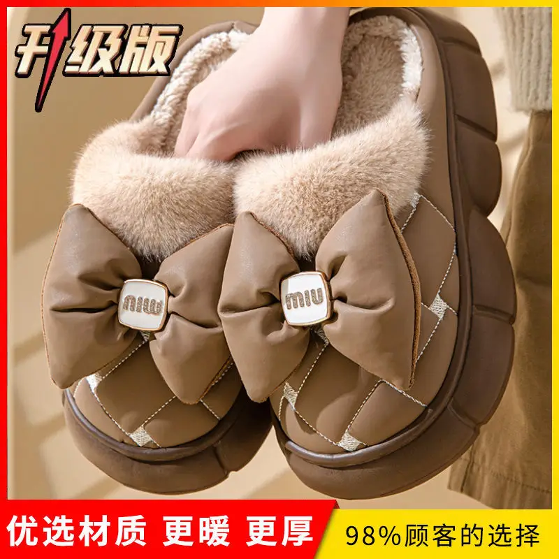 Winter Bow Thick-Soled Cotton Slippers for Women That Can Be Worn Outside to Heattech and Increase Non-Slip in Stock Wholesale Cross-Border Thickened and Warm