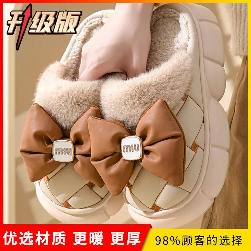 Winter Bow Thick-Soled Cotton Slippers for Women That Can Be Worn Outside to Heattech and Increase Non-Slip in Stock Wholesale Cross-Border Thickened and Warm