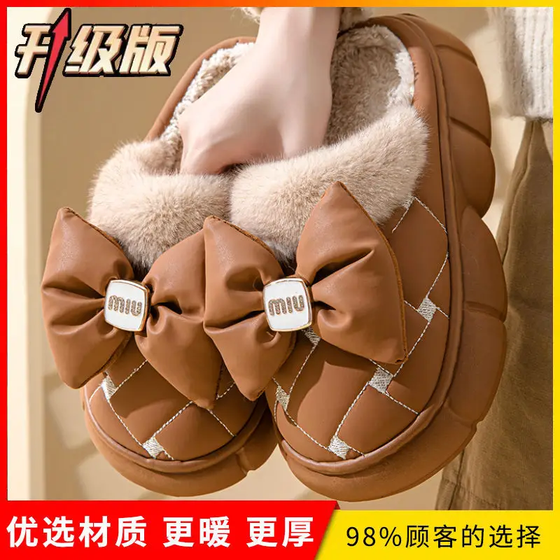 Winter Bow Thick-Soled Cotton Slippers for Women That Can Be Worn Outside to Heattech and Increase Non-Slip in Stock Wholesale Cross-Border Thickened and Warm