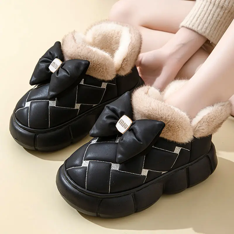 Winter Bow Thick-Soled Cotton Slippers for Women That Can Be Worn Outside to Heattech and Increase Non-Slip in Stock Wholesale Cross-Border Thickened and Warm