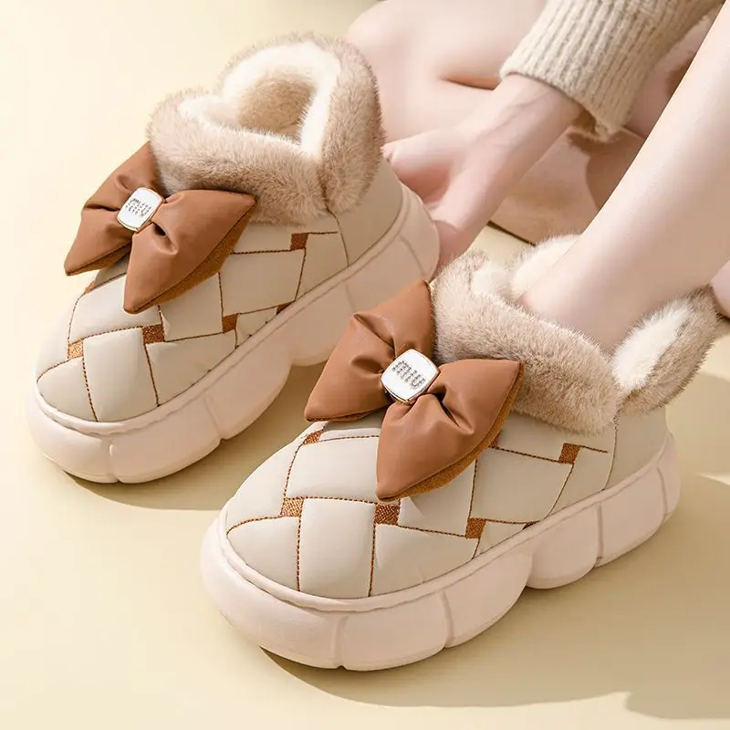 Winter Bow Thick-Soled Cotton Slippers for Women That Can Be Worn Outside to Heattech and Increase Non-Slip in Stock Wholesale Cross-Border Thickened and Warm