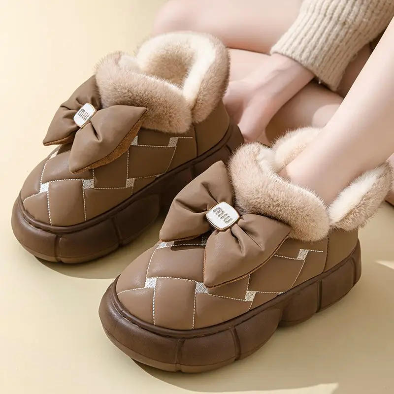 Winter Bow Thick-Soled Cotton Slippers for Women That Can Be Worn Outside to Heattech and Increase Non-Slip in Stock Wholesale Cross-Border Thickened and Warm
