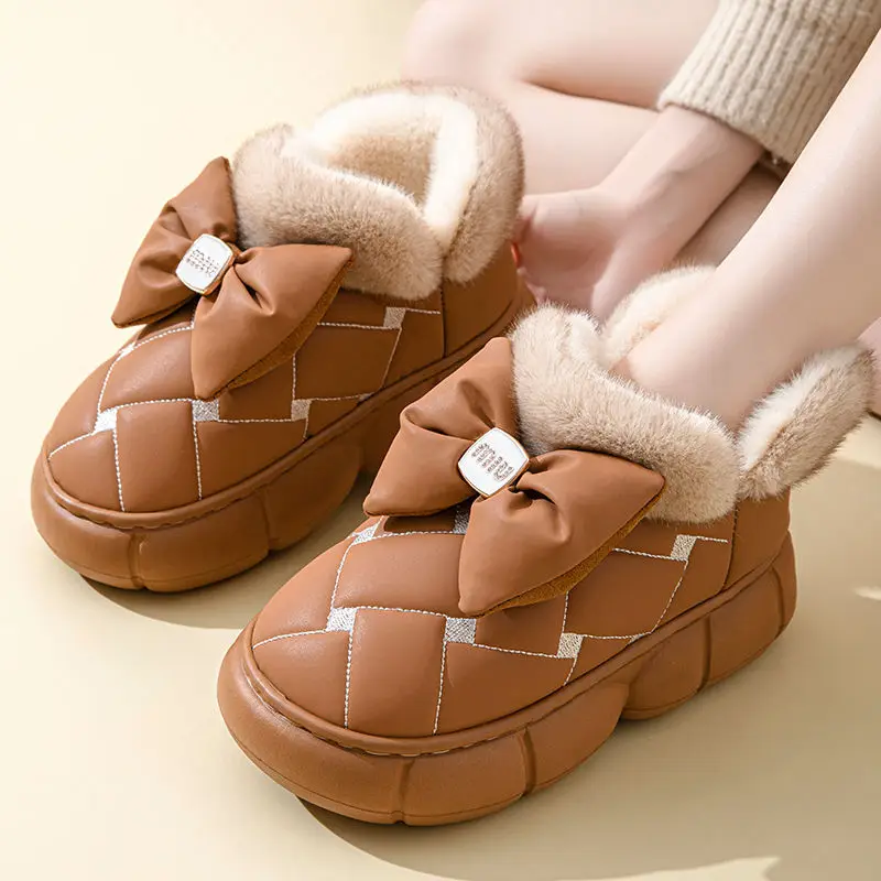 Winter Bow Thick-Soled Cotton Slippers for Women That Can Be Worn Outside to Heattech and Increase Non-Slip in Stock Wholesale Cross-Border Thickened and Warm