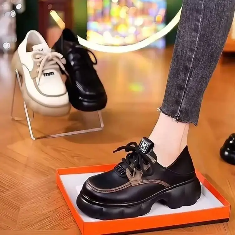 Thick-soled Internet-famous Loafers Women's 2024 New Black Leather Shoes French Soft-soled Height-increasing British-style Lace-up Shoes - Image 4