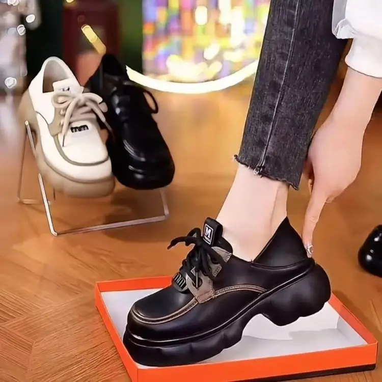 Thick-soled Internet-famous Loafers Women's 2024 New Black Leather Shoes French Soft-soled Height-increasing British-style Lace-up Shoes - Image 5