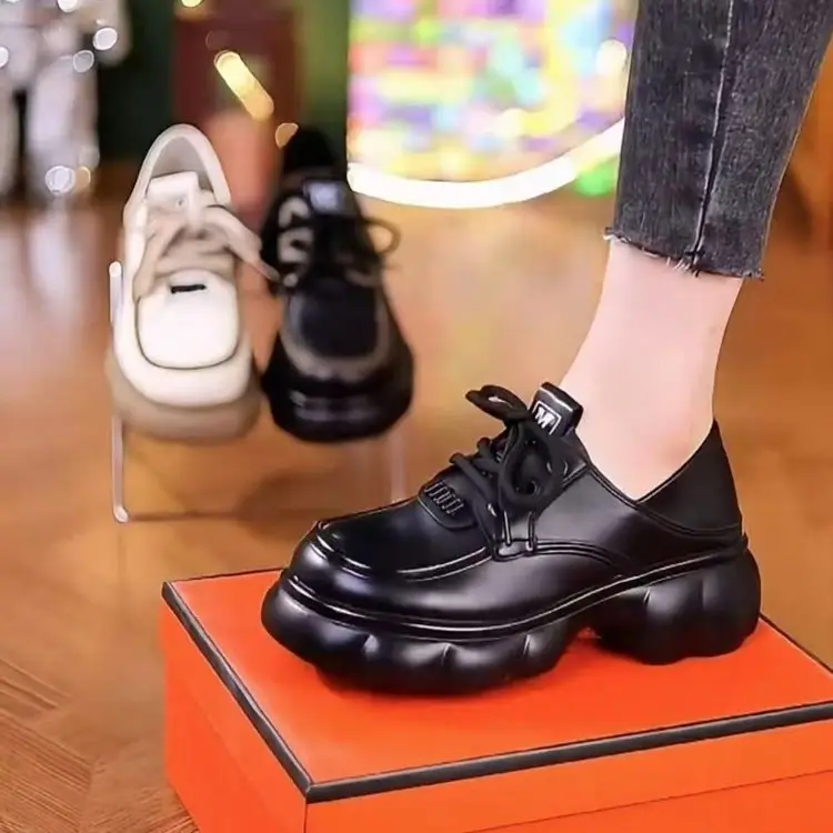 Thick-soled Internet-famous Loafers Women's 2024 New Black Leather Shoes French Soft-soled Height-increasing British-style Lace-up Shoes - Image 6
