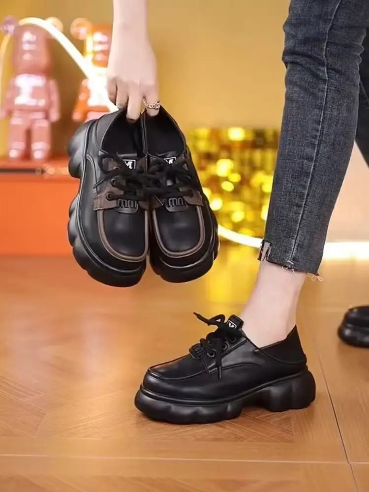 Thick-soled Internet-famous Loafers Women's 2024 New Black Leather Shoes French Soft-soled Height-increasing British-style Lace-up Shoes — feature 10
