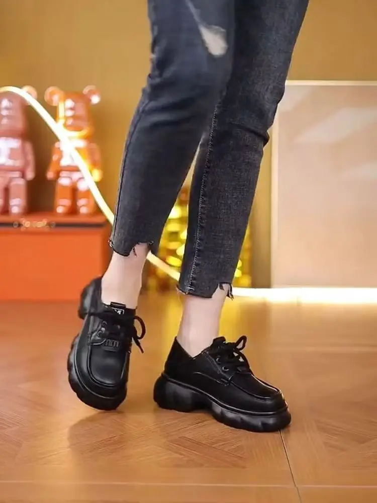 Thick-soled Internet-famous Loafers Women's 2024 New Black Leather Shoes French Soft-soled Height-increasing British-style Lace-up Shoes — feature 12