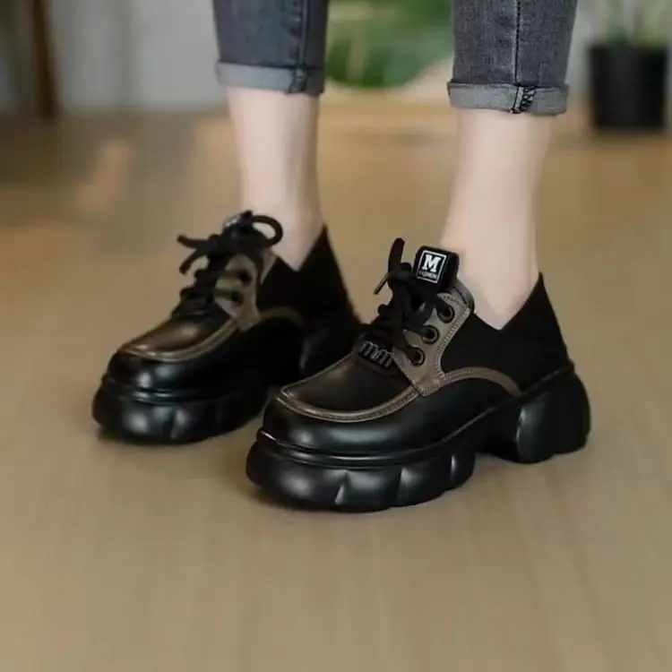 Thick-soled Internet-famous Loafers Women's 2024 New Black Leather Shoes French Soft-soled Height-increasing British-style Lace-up Shoes — feature 2