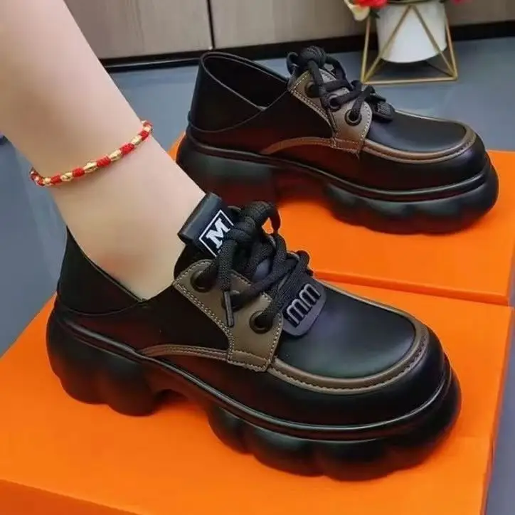 Thick-soled Internet-famous Loafers Women's 2024 New Black Leather Shoes French Soft-soled Height-increasing British-style Lace-up Shoes — feature 3