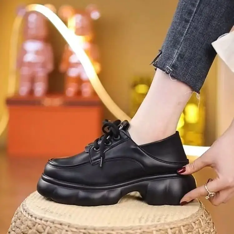 Thick-soled Internet-famous Loafers Women's 2024 New Black Leather Shoes French Soft-soled Height-increasing British-style Lace-up Shoes — feature 6