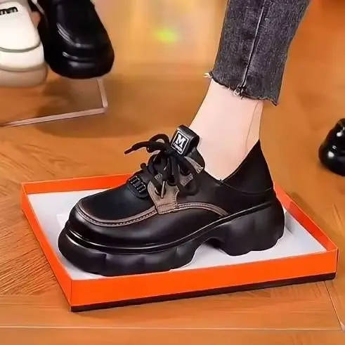 Thick-soled Internet-famous Loafers Women's 2024 New Black Leather Shoes French Soft-soled Height-increasing British-style Lace-up Shoes — feature 7