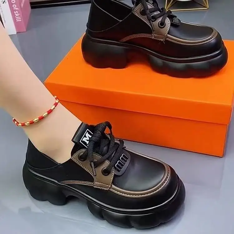 Thick-soled Internet-famous Loafers Women's 2024 New Black Leather Shoes French Soft-soled Height-increasing British-style Lace-up Shoes — feature 8